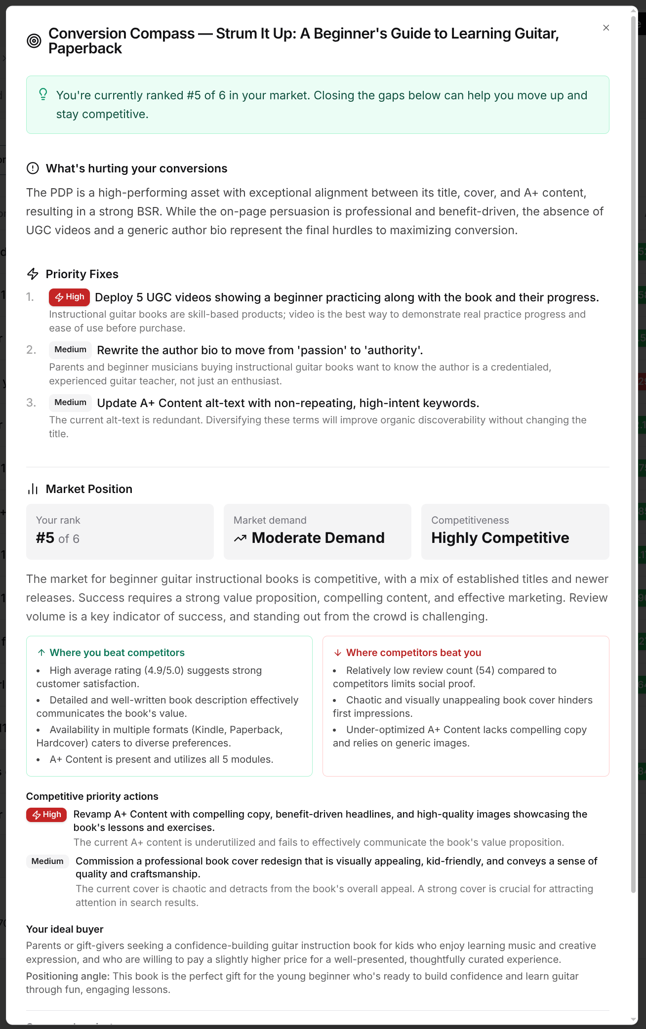 Full Conversion Compass analysis with ranking, priority fixes, market position, and buyer insight