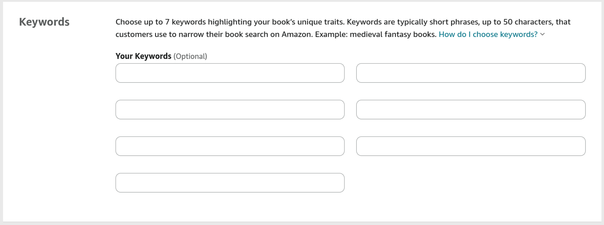 KDP Bookshelf screen showing seven optional backend keyword fields